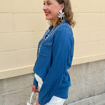 Light chambray button-down shirt with collar and chest pockets