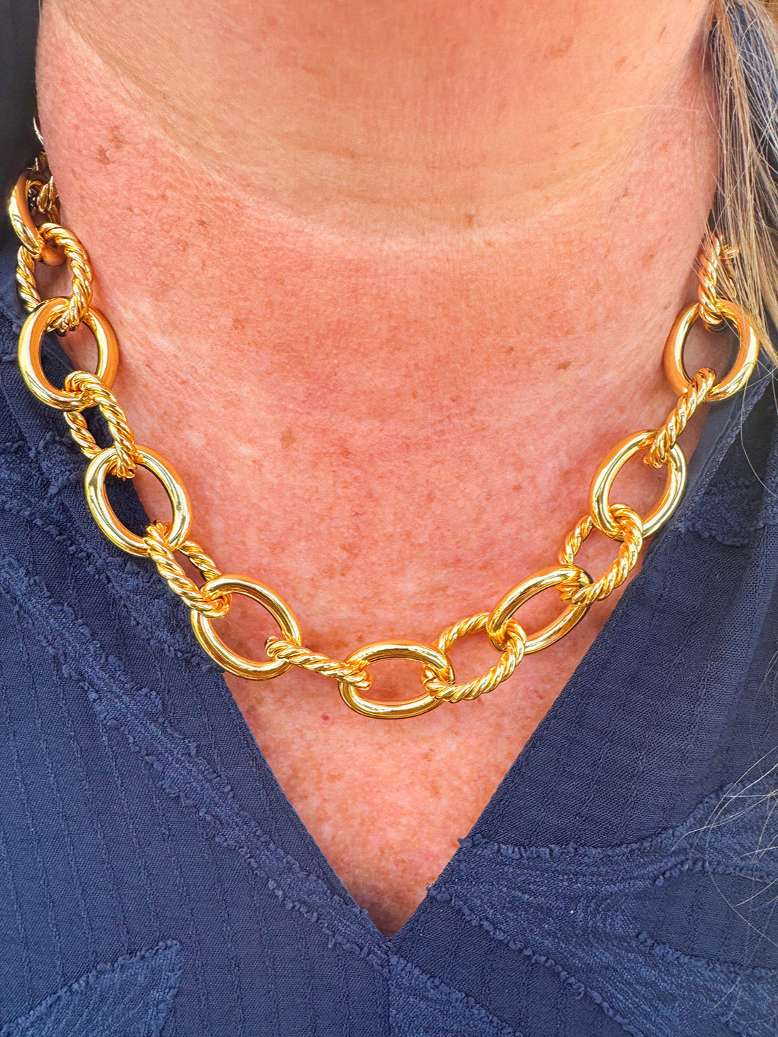 Gold twisted double chunky choker necklace with adjustable extender and lobster clasp—bold, statement jewelry with a luxe finish