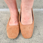 Corky’s Don’t Be Rude Flats in nude suede with gold studs, closed toe, and soft square toe design.