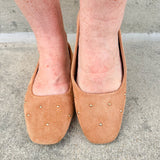 Corky’s Don’t Be Rude Flats in nude suede with gold studs, closed toe, and soft square toe design.
