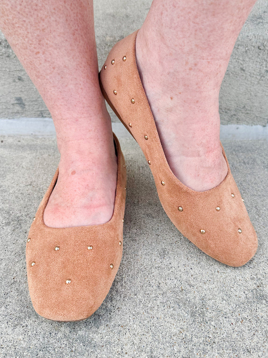 Corky’s Don’t Be Rude Flats in nude suede with gold studs, closed toe, and soft square toe design.