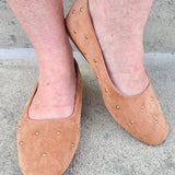 Corky’s Don’t Be Rude Flats in nude suede with gold studs, closed toe, and soft square toe design.