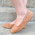 Corky’s Don’t Be Rude Flats in nude suede with gold studs, closed toe, and soft square toe design.