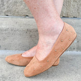 Corky’s Don’t Be Rude Flats in nude suede with gold studs, closed toe, and soft square toe design.
