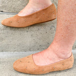 Corky’s Don’t Be Rude Flats in nude suede with gold studs, closed toe, and soft square toe design.