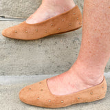 Corky’s Don’t Be Rude Flats in nude suede with gold studs, closed toe, and soft square toe design.