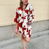Rust and cream tie-neck mini dress with voluminous sleeves and banded cuffs