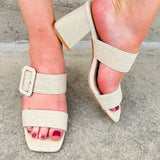 Beige linen open-toe sandals with block heels 