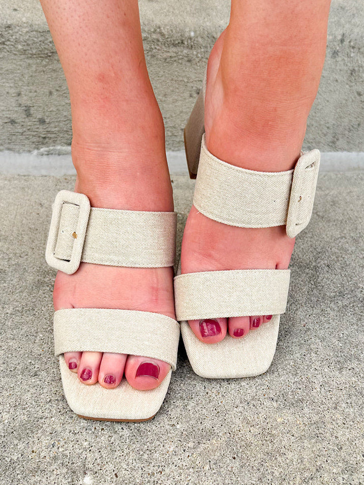 Beige linen open-toe sandals with block heels 