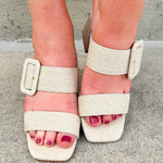 Beige linen open-toe sandals with block heels 