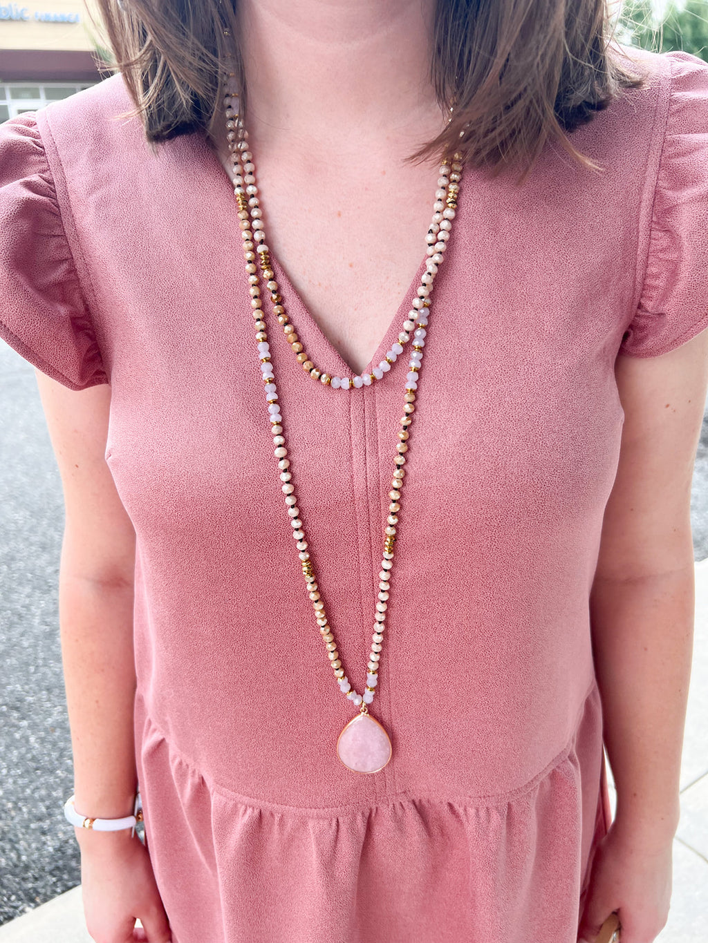 Long Beaded Wrap Necklace with Stone Drop Pendant-Pink