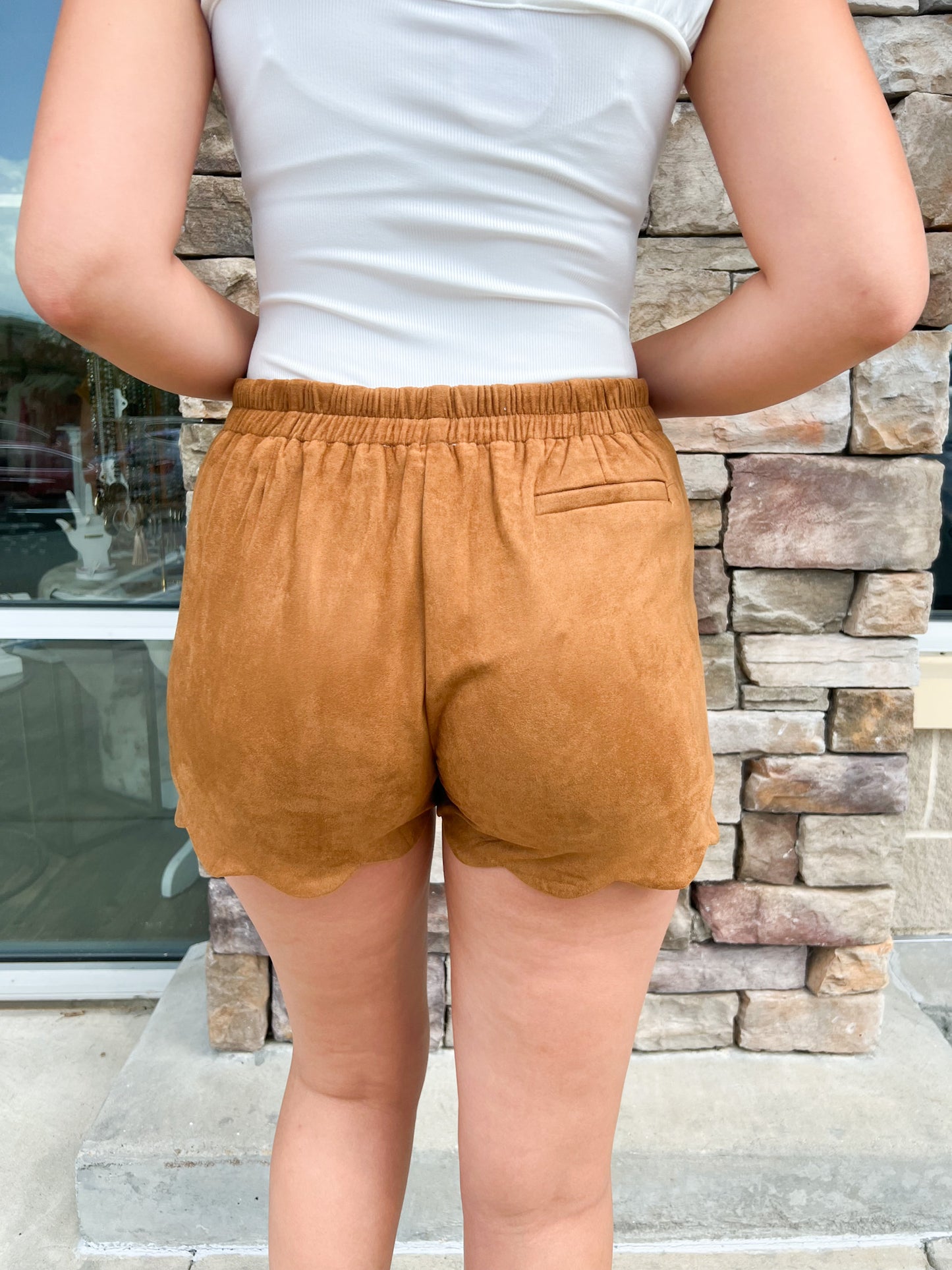Love and Luxury Suede Scallop Shorts | Back View