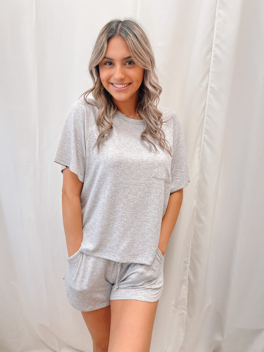 Dream Slouchy Tee Top with Lounge Shorts Set-Grey | Front View