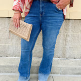 Dear John mid-rise bootcut jeans in Lagoon wash, styled with a neutral top
