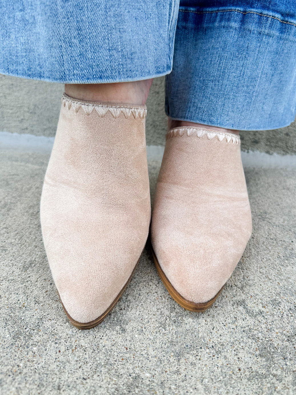  Tan faux suede pointed toe mule heels with a block heel by Corkys