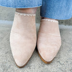  Tan faux suede pointed toe mule heels with a block heel by Corkys