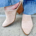  Tan faux suede pointed toe mule heels with a block heel by Corkys