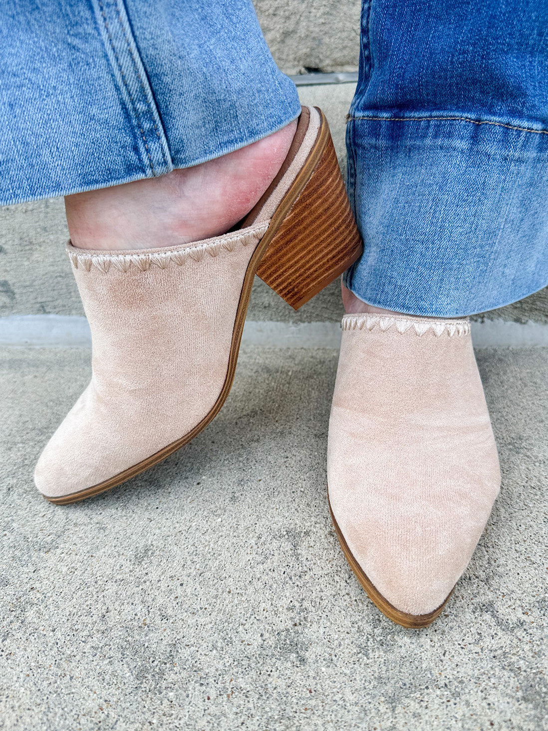  Tan faux suede pointed toe mule heels with a block heel by Corkys
