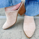  Tan faux suede pointed toe mule heels with a block heel by Corkys