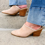  Tan faux suede pointed toe mule heels with a block heel by Corkys
