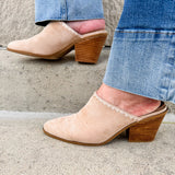  Tan faux suede pointed toe mule heels with a block heel by Corkys