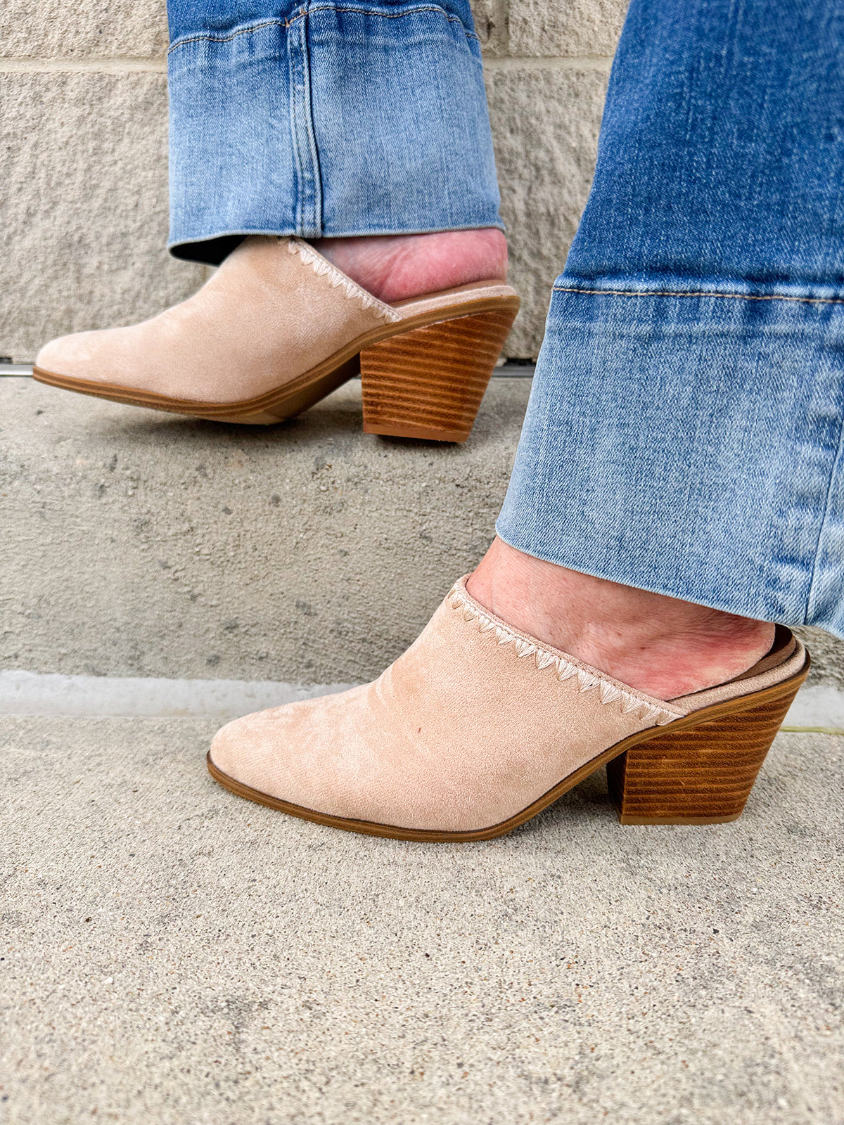  Tan faux suede pointed toe mule heels with a block heel by Corkys