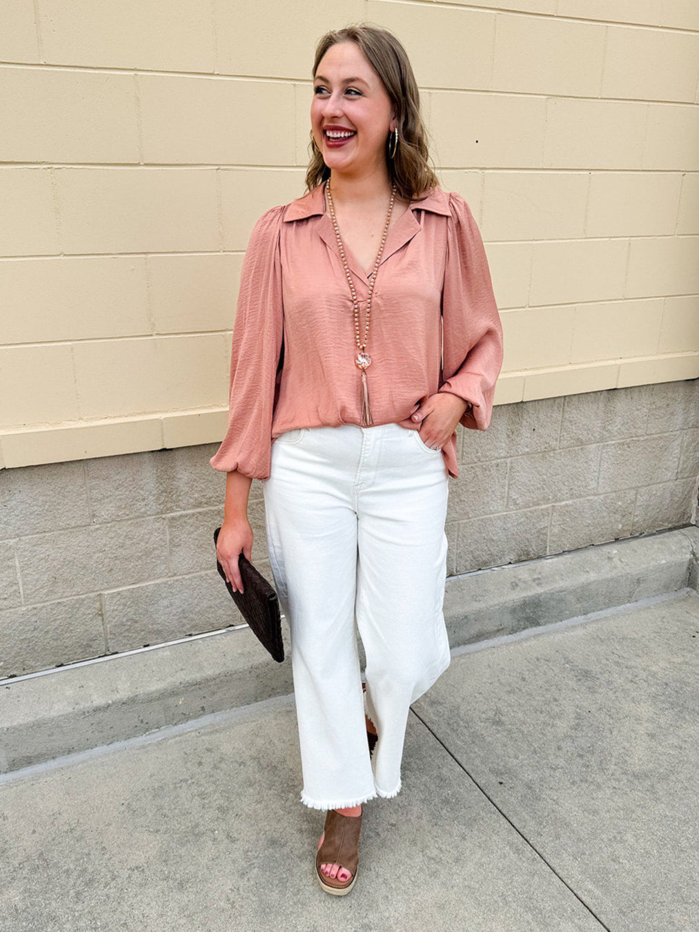 Long-sleeve rose and taupe collared shirt with cuffed band sleeves and clean front