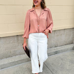 Long-sleeve rose and taupe collared shirt with cuffed band sleeves and clean front