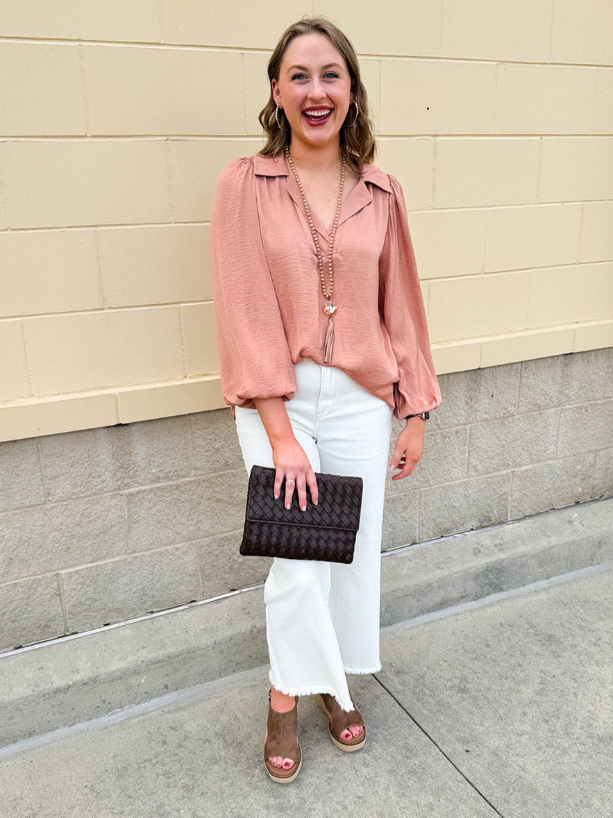 Long-sleeve rose and taupe collared shirt with cuffed band sleeves and clean front