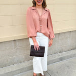 Long-sleeve rose and taupe collared shirt with cuffed band sleeves and clean front