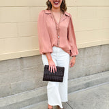 Long-sleeve rose and taupe collared shirt with cuffed band sleeves and clean front