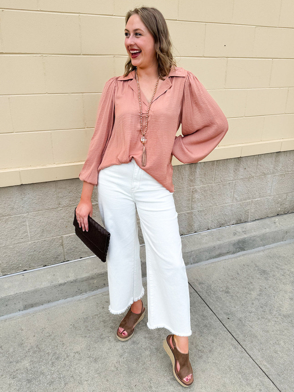 Long-sleeve rose and taupe collared shirt with cuffed band sleeves and clean front