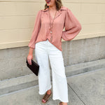 Long-sleeve rose and taupe collared shirt with cuffed band sleeves and clean front