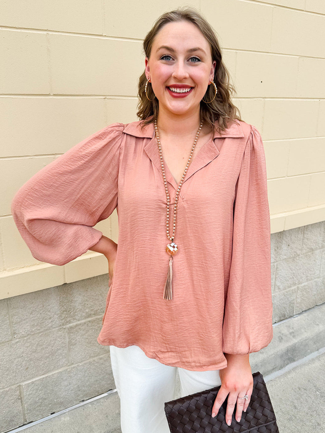 Long-sleeve rose and taupe collared shirt with cuffed band sleeves and clean front