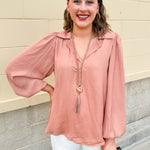 Long-sleeve rose and taupe collared shirt with cuffed band sleeves and clean front