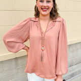 Long-sleeve rose and taupe collared shirt with cuffed band sleeves and clean front