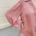 Long-sleeve rose and taupe collared shirt with cuffed band sleeves and clean front