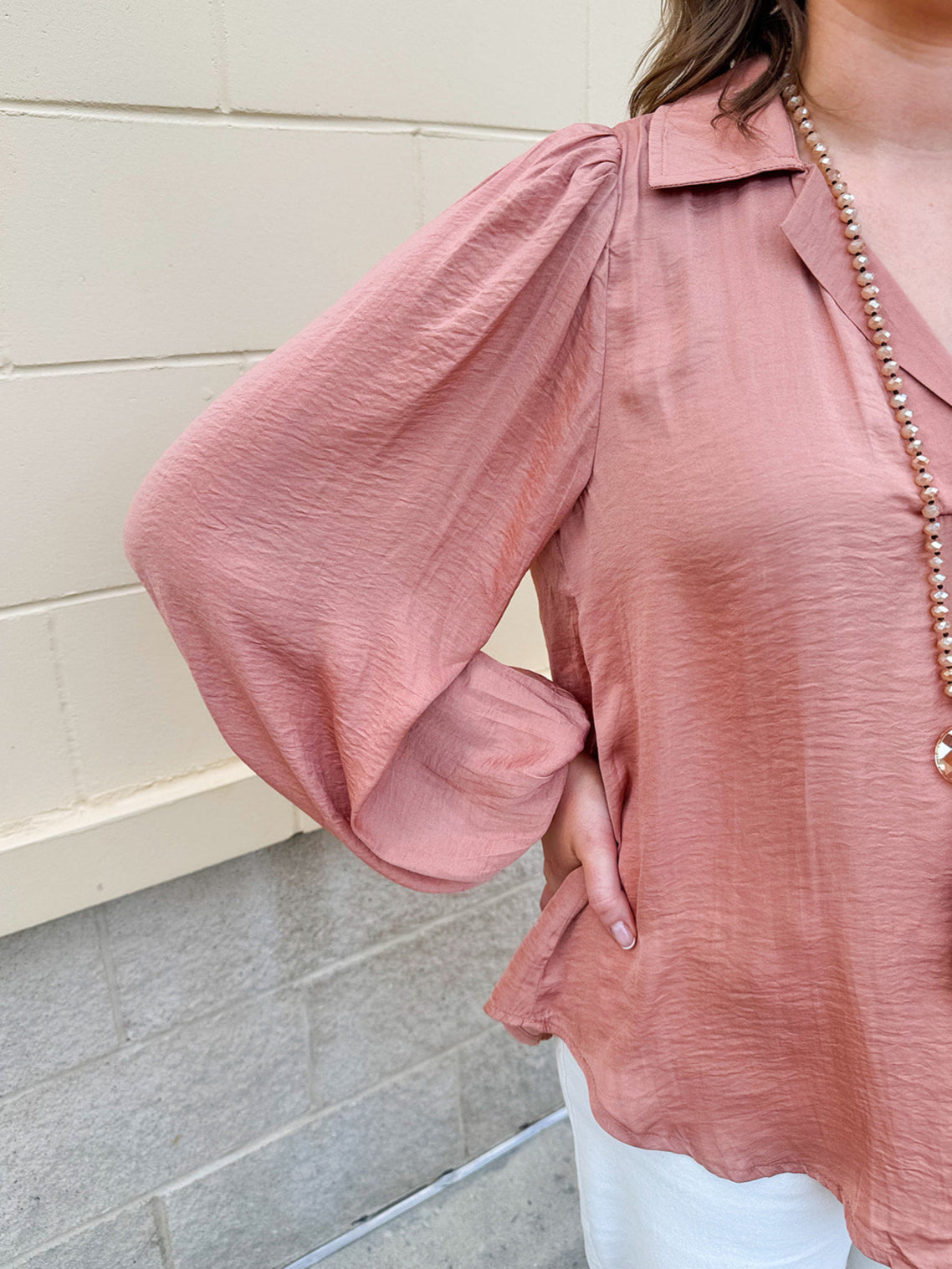 Long-sleeve rose and taupe collared shirt with cuffed band sleeves and clean front