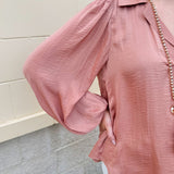 Long-sleeve rose and taupe collared shirt with cuffed band sleeves and clean front