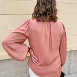 Long-sleeve rose and taupe collared shirt with cuffed band sleeves and clean front