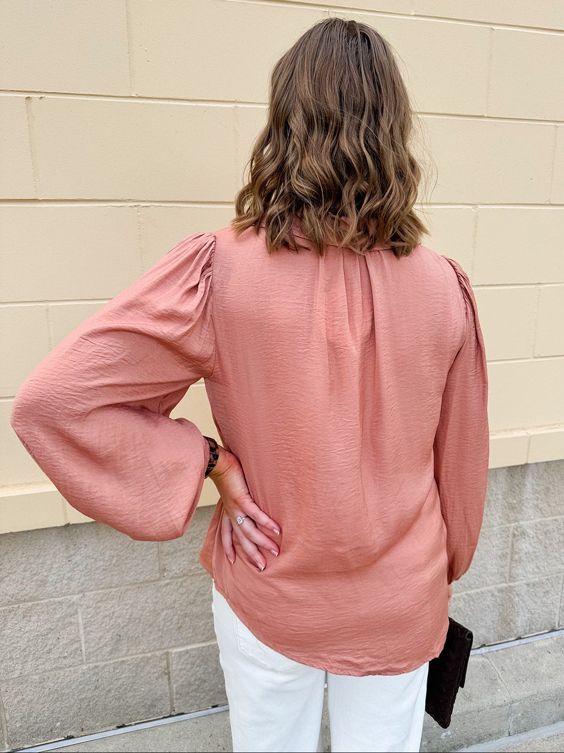Long-sleeve rose and taupe collared shirt with cuffed band sleeves and clean front