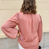 Long-sleeve rose and taupe collared shirt with cuffed band sleeves and clean front