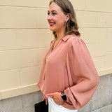 Long-sleeve rose and taupe collared shirt with cuffed band sleeves and clean front
