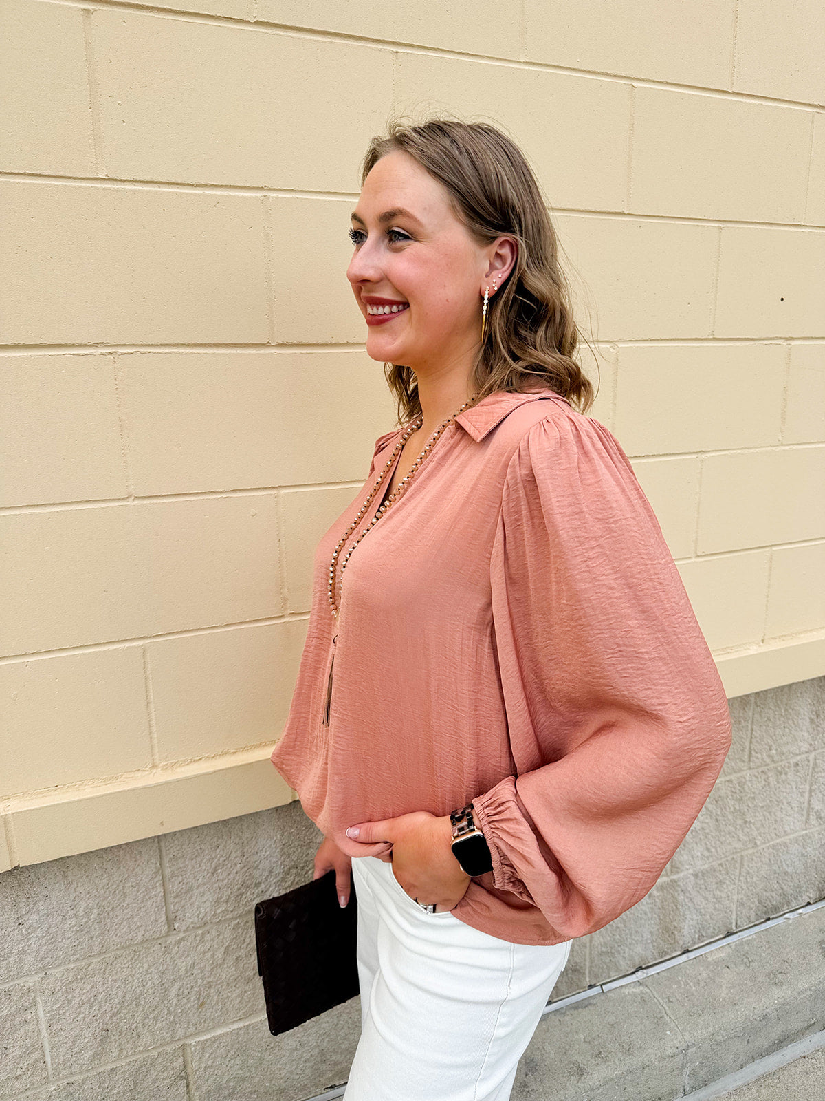 Long-sleeve rose and taupe collared shirt with cuffed band sleeves and clean front