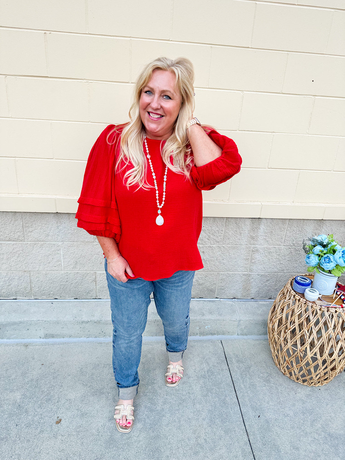 Sunny Day Stroll Gauze U-Neck Top in Red