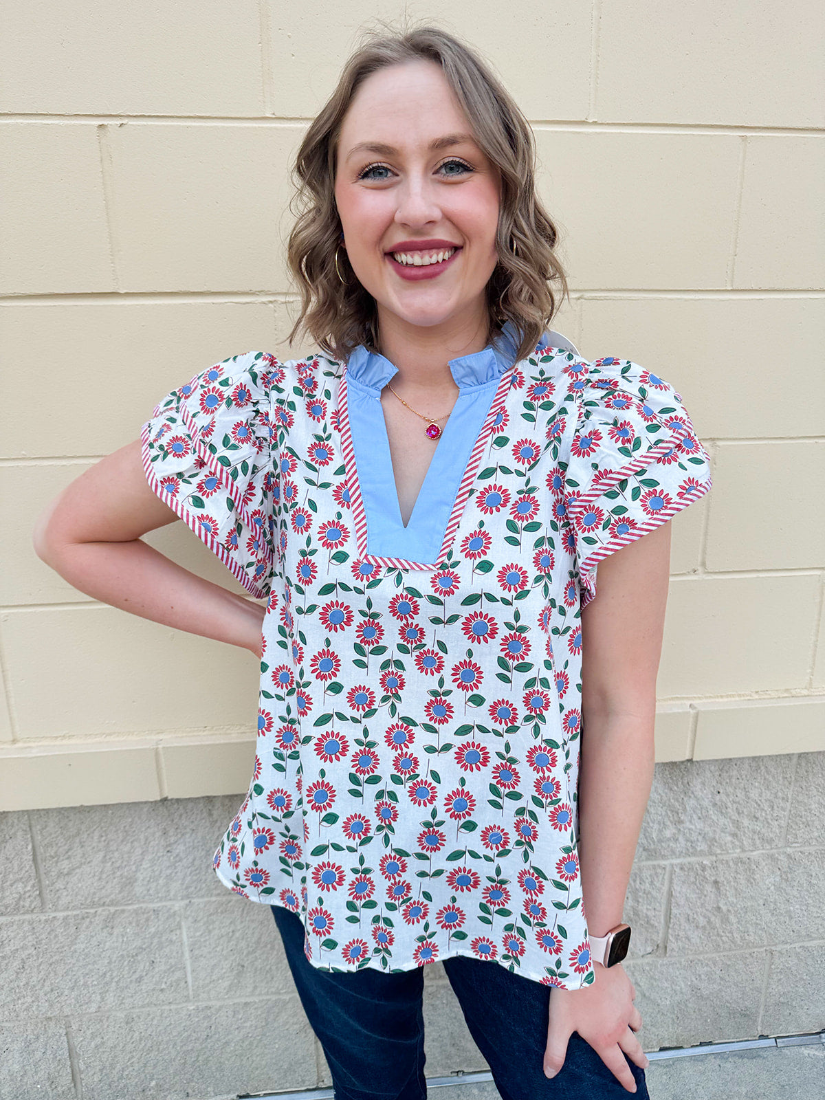 Sparks Fly Butterfly Sleeve Ruffle Collar Top