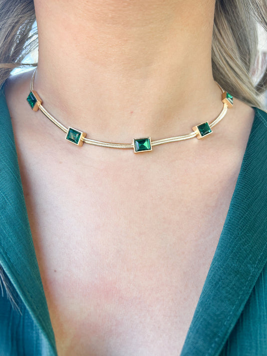 Green Rhinestone Metal Necklace