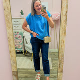 Casual Conversation Acid Washed Gauze Top in Sky Blue