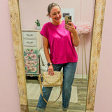 Casual Outing Slub Rolled Sleeve Top in Pink