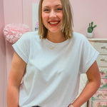 Casual Outing Slub Rolled Sleeve Top in White